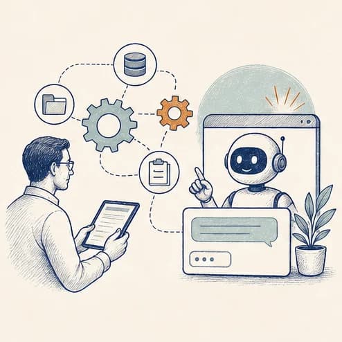 Hand-drawn illustration of a business owner supervising connected AI workflows