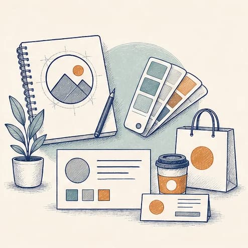 Hand-drawn illustration of a logo system, color palette, and branded materials