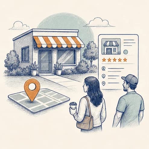 Hand-drawn illustration of a local storefront, map listing, and customer reviews