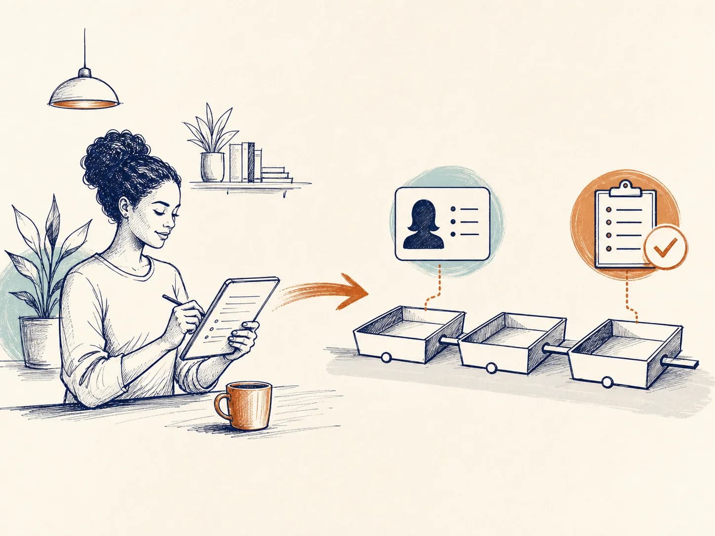 Whiteboard illustration of an entrepreneur submitting an application that enters an organized business pipeline