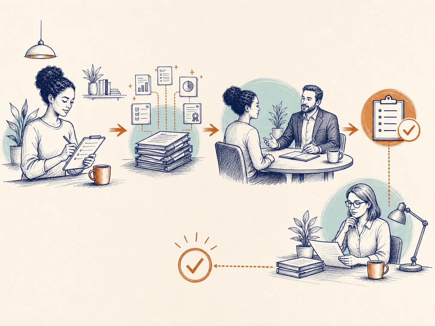 Whiteboard illustration of an application, supporting documents, interview, verification checks, and a human decision