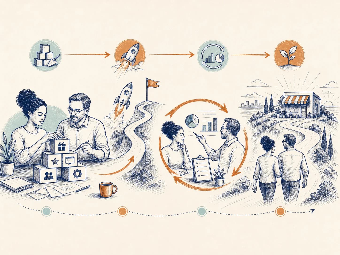 Whiteboard illustration of a business foundation, launch, recurring review cycle, and an upward long-term growth path