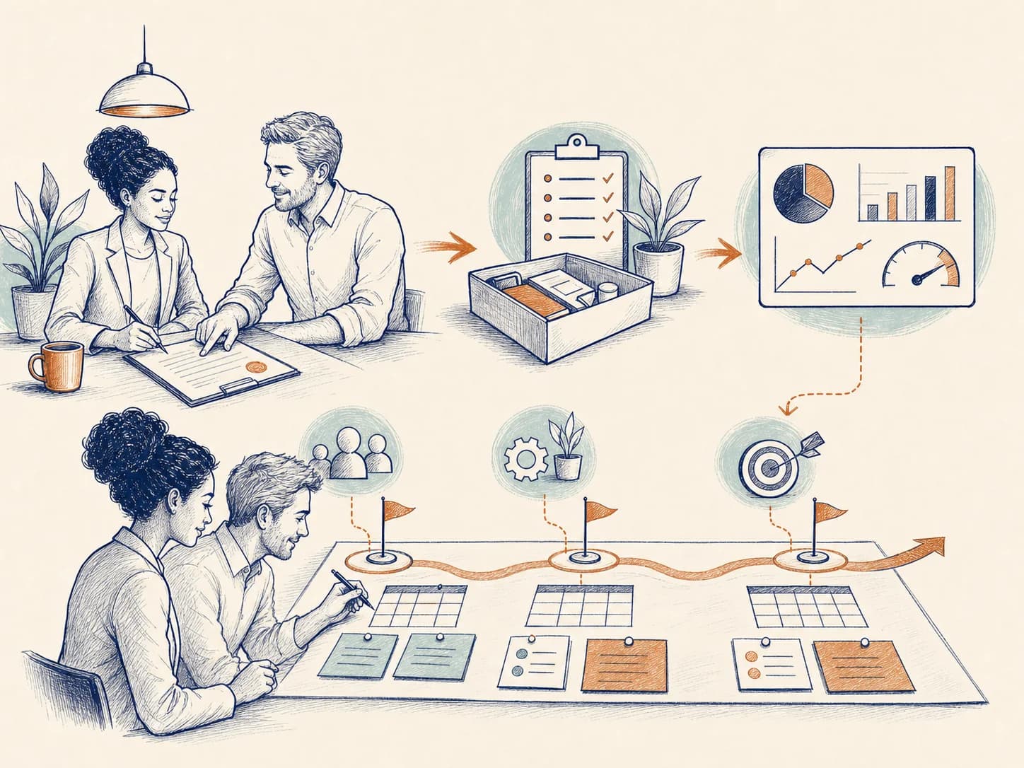 Whiteboard illustration of an agreement, onboarding checklist, baseline scorecard, and a ninety-day roadmap