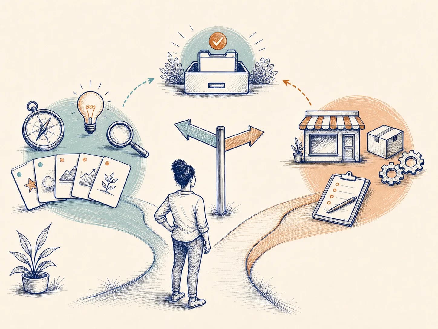Whiteboard illustration of a business journey branching into a defined venture path and an entrepreneur discovery path before reconnecting