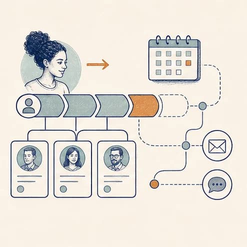 Hand-drawn illustration of contacts moving through an automated CRM pipeline