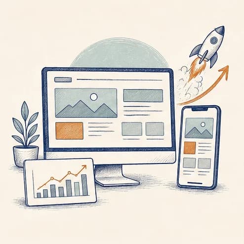 Hand-drawn illustration of responsive website design, analytics, and launch